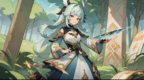 genshin impact style ((very good quality)), A magical girl, long white hair, Perfect pink eyes, Perfect star-pupupille fit, perfect face, twisted tose wick on one side of the ear, feather earrings, whole body, magician, Tactical pack, scroll, The clothes are white and gold, Magic weapons, fantasy creatures, Dynamic poses, Unique character designs, exquisite costumes, medicine bottles, cards, standing paints, plates, hard drive, masterpieces, super details, (Bestquality, high res), super high pixels, one behind the plant