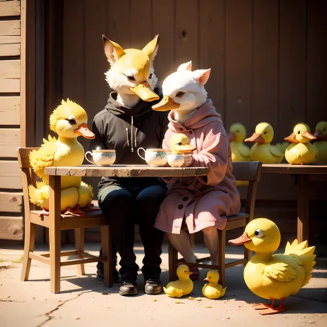 A cute little yellow duck drinking tea,Moe,adolable --auto