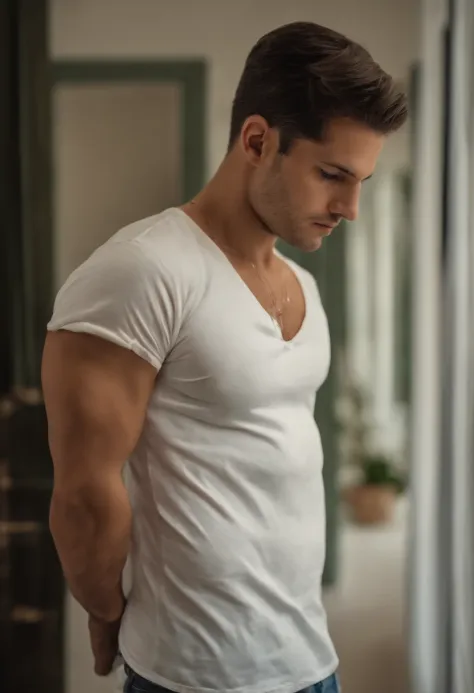 Homem branco jovem, bonito sem blusa, um pouco molhado apenas toalha na cintura. em frente a uma porta, em um apartamento.(nsfw 1.5),(penis 1.5)