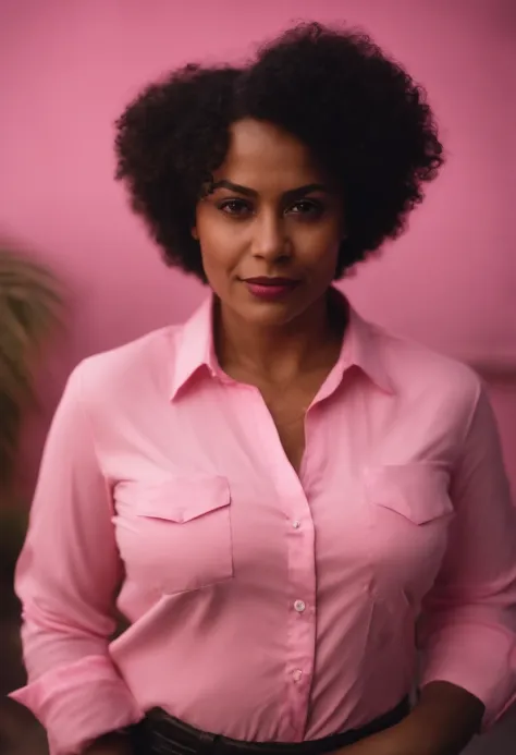 mulher negra 30 anos acima do peso usando camisa rosa, brasileira, pobre, foto com fundo rosa, camiseta rosa