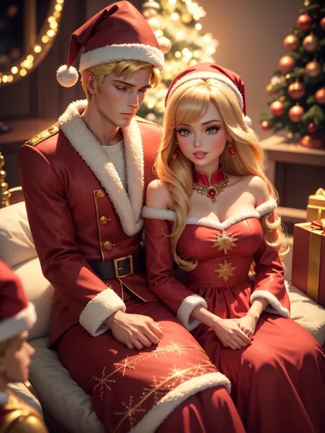 Barbie and Ken at Christmas, Barbie is wearing a beautiful Christmas dress with golden accessories, Ken is wearing a Santa Claus robe and a hat on his head.