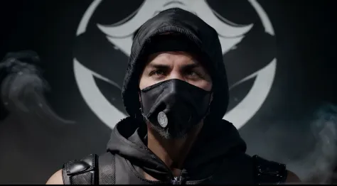 (justin trudeau), detailed illustration, classic ninja from Mortal Kombat, grey ninja jumpsuit, black hood, smoke coming out, glowing white eyes, portrait style, evil face, muscular male focus, classic costume, stern expression, masterpiece, 4k UHD professional imag, swirling smokey skulls, smokey atmosphere background, god themed environment