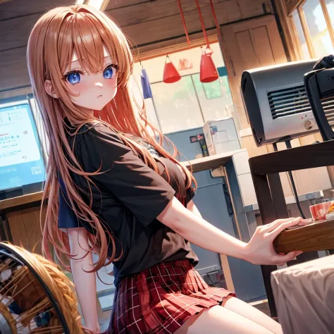 red blonde、blue eyess、one good looking girl、独奏、animesque、Plaid miniskirt、Black T-shirt、the woods、Sunlight、inside in room、Gah、Frolicking、electric fan、Hugging、ah、being sloppy