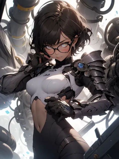 make it realistic,(masterpiece,highest quality,optimal quality,very detailed,fractal art,most detailed,(background is abstract:1.5)(1 girl),look up,Glasses,dark brown short hair,(shortcut),(glowing brown eyes),big breasts,toned abdominal muscles、crystallization,high leotard,sexy,machine armor、(black pencil skirt、)