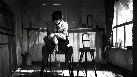 Man alone in a Valentine's day, sit on the table, chair is empty, drink whiskey, cigarette in his arm, sad, punk, one and only, alone in a room