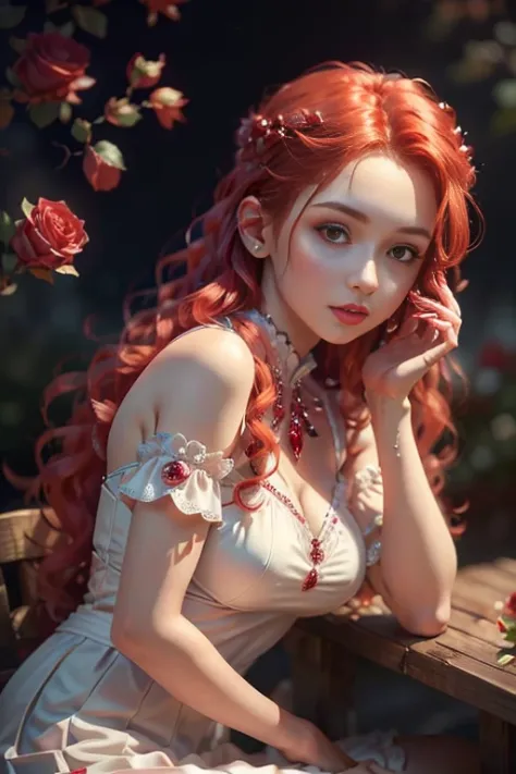A young woman with red wavy hair, simple white outfit, Perfect proportions, (detailed eyes, eye correction, red eyes), garden of red crystal roses, ((More red crystal roses)), posing sitting for a photo, side view, (Delicate images), (Photorealistic: 1.4), (Highly detailed), (high resolution), (Best quality), (masterpiece)