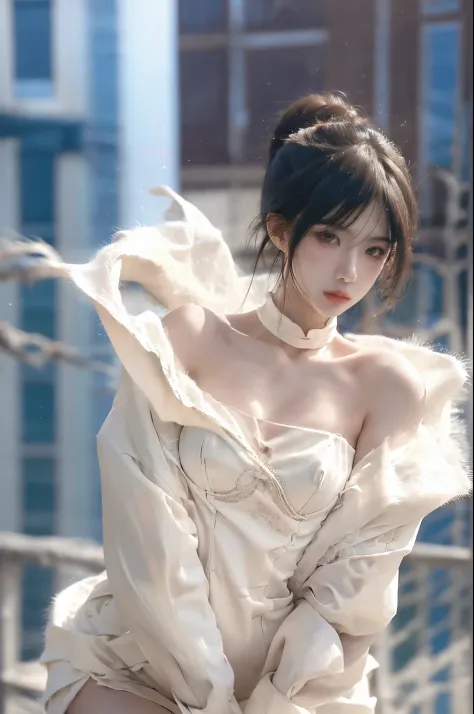 Beautiful woman with perfect body:1.4,layered hairstyle,Prominent cleavage:1.6,short shorts,Highly detailed facial and skin textures,double eyelids,whiten skin,long hair,Whitened long legs