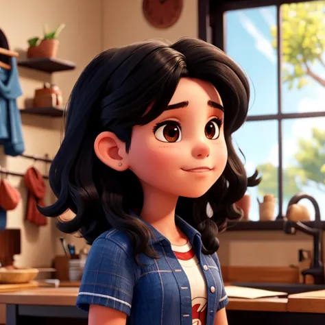 A 16 year old girl with medium wavy black hair, indigenous, com a boca pequena