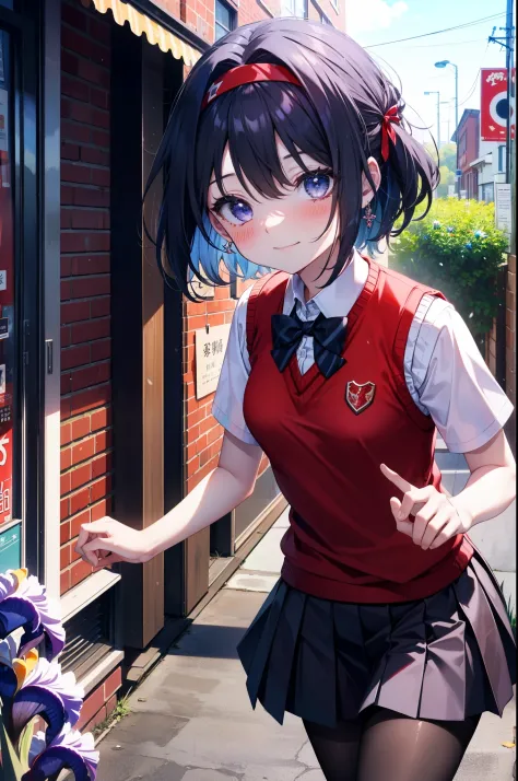 yuukikonno, Yuki Konno,Black Hair,short hair,Bob Hair ,Green Headband,(Iris:1.5), (Small breasts:1.2), smile,break skirt, shirt, bow, ribbon, , white shirt, Short sleeve, Pleated skirt, collared shirt, mini skirt, bowtie, 茶色のloafers , Black Skirt, Black pantyhose, loafers, black bow, Sweater vest, (red Sweater vest:1.5),whole bodyがイラストに入るように,Walking,
break outdoors, In town,Building district,
break looking at viewer, whole body,
break (masterpiece:1.2), highest quality, High resolution, unity 8k wallpaper, (shape:0.8), (Beautiful details:1.6), Highly detailed face, Perfect lighting, Highly detailed CG, (Perfect hands, Perfect Anatomy),