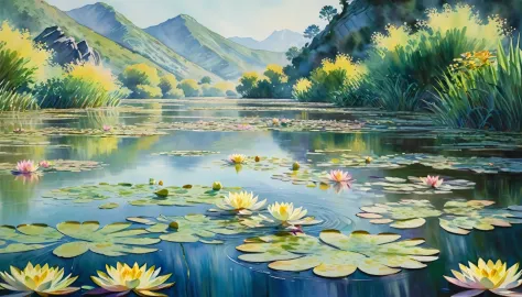 On the screen, the soft colored water lily leaves and flowers sway in the water, interweaving with light and shadow to create a harmonious and peaceful picture. This work not only showcases Monet's superb painting skills, but also conveys his love and admiration for nature and life,Watercolor, Landscape, Plan, Composition, Sketch, Sky, Wash, Mountains, Hills, Distance, Foreground, Trees, Bushes, Rocks, Details, Highlights, Dry, Final Appearance, Colors, Technique, Color Combinations, Creativity, (masterpiece, best quality:1.2)