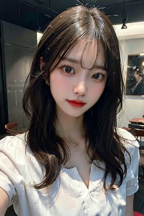 (Best quality, High resolution, Masterpiece :1.3), A tall and pretty woman, Slender abs, Dark brown hair styled in loose waves, Breasts, Wearing pendant, White button up shirt, Belt, Black skirt, (Modern architecture in background), Details exquisitely rendered in the face and skin texture, Detailed eyes, Double eyelid,Upper body naked,Pussy,Nipples,Pull up your hair,Ecstatic expression