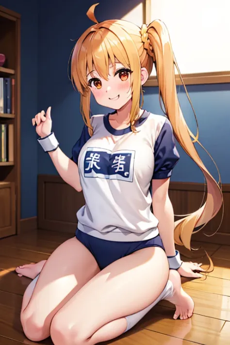(Tabletop), highest quality, High resolution, 4K, One Girl, alone, blush、smile、Nice hands, 1 in, Side Ponytail, Long Hair, Ahoge, (Navy blue cuffs and white short-sleeved gym uniform)、(Bloomers are bikini type)、(
barefoot)、Navy blue socks、大きなsmile、Ground、Schoolyard、Sexy pose