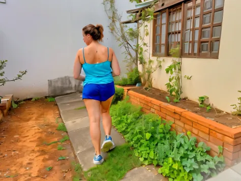 there is a woman walking down a sidewalk in a blue top, uhd candid photo of dirty, wearing dirty travelling clothes, cottagecore!! fitness body, in full growth from the back, side view of her taking steps, in shorts, wearing a camisole and shorts, walking away from the camera, walking at the garden, 40 years woman