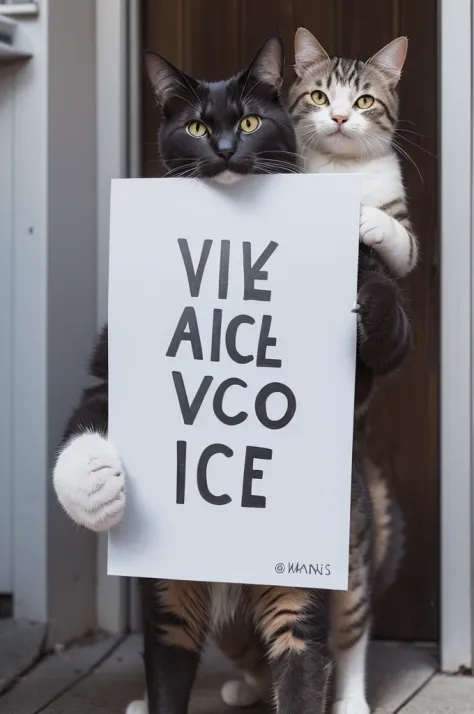 A cat in animal form, holding a written sign "Ice"