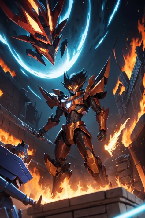 A fierce robot beast Yu-Gi-Oh style card game with fearless house pieces and blocks