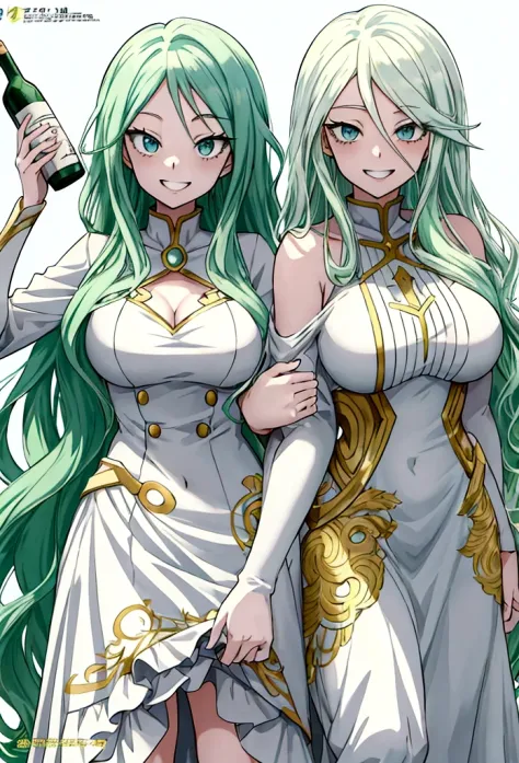 screenshot my hero academia, very beautiful woman, long wavy hair, light green hair, light blue eyes, smiling seductively, white background, on a magazine cover, wine-colored dress, anime style, my hero academy style