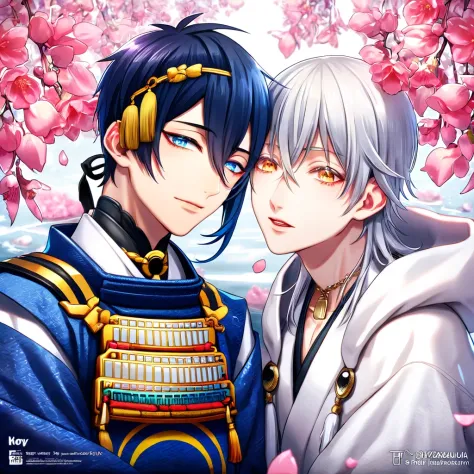 absurdres, highres, ultra detailed, HDR, master piece, best quality, Mikazuki Munechika, dark blue hair, expressive blue eyes, Touken Ranbu, Tsurumaru Kuninaga, white hair, expressive yellow eyes, white eyelashes, two sexy men together, gay couple, yaoi, handsome, dark blue kimono, white kimono, fantasy, shining, water, pink flowers, pink blossoms, pink butterflies, pink petals