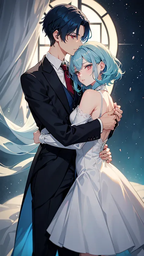 A boy with blue hair, medium short hair, green eyes, height 1.84 elegant suit hugging a girl with platinum white wavy hair waist length crimson red eye color elegant clothing sexy fox race