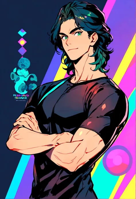 Pixar-style: a young man with his arms crossed wearing a black shirt and the name personal trainer ruan paulo