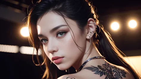 techno music, house music, dancing girls, DJ girl, Hang the headphones from her neck, realistic, high res, tank top, tattoos, piercing, brads, live music, class, Nightclub DJ, Dancing Inspired, Looking at Camera, Wide shooting, cinema lens, skin glowing,