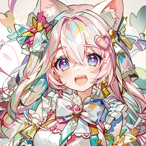 Masterpiece,Best quality, White background, (10:1girll), (10:One guy), Very long hair, White and pink hair , Love decoration , Multiple cyan and pink bows, White and pink pair of cat ears , Cyan eyes , Look straight ahead , love heart , Pink bow tie , White clothes , 5:Open mouth, 5:teeth