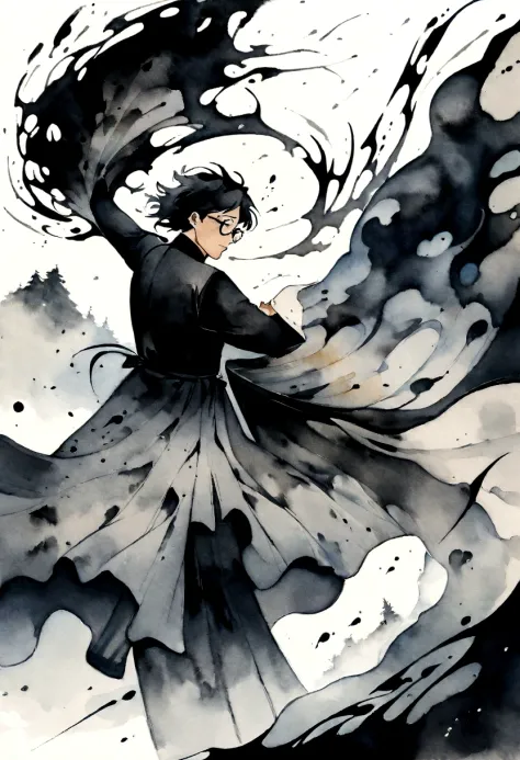 ink art style, black and white, abstract, watercolor painting style, blurs, drawing of a young man, artist man, elegant old clothes, writer man, desperate man ,stressed, rampant, writing with ink, very inspired man, unkempt black hair, glasses, epic , ink and writing powers, rage, strong wind clothes with the wind, rain , black and white, epic, exaggerated pose, sheets of paper flying ,inspiration, wildness