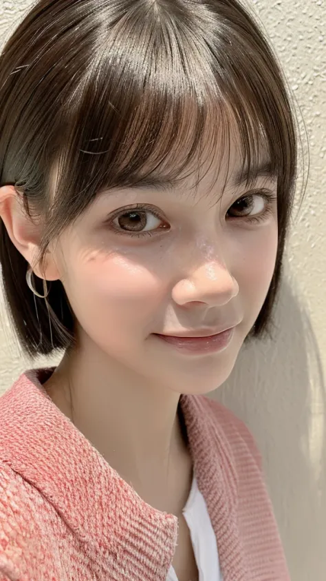 Top quality, Masterpiece, Ultra-high resolution, (Realistic, : 1.4), Original photo, (True skin texture: 1.3), (filmgrain: 1.3), in a panoramic view, Portrait, Very wide lens, Narrow waist, cowboy lens, (bangs, Inconspicuous, Cold light,) Night, Close-up, Tears, Short hair, neck long, ears sticking out, bangs, Big eyes, Brightly Colored Eyes, In the house, Dust, Tindall effect, (Facial expression), Sitting, (hitting a wall), Crying, Frowning, (Looking down), Nervousness, Tears, smiling happily
one girl, eyes and face with beautiful details, White jabot, pink dark V, Brown eyes,