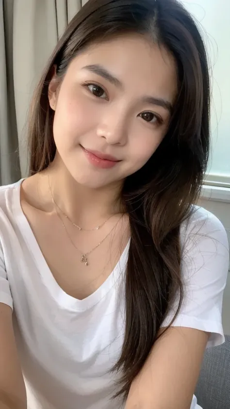 (Please generate an image of a young Filipina woman wearing a t shirt and a necklace. She has brown hair, big, black eyes, and a subtle, natural makeup look. The selfie should show her without visible makeup, and she should be looking directly into the camera. The face should appear realistically natural. The full-body shot of this attractive woman should feature a striking pose, and she has piercing black eyes. The girl has a sweet demeanor, and the pose should also be sweet. Please ensure that the entire body of the woman is visible in the image. The background should be clear and uncluttered. The details of the image should be of high quality(best quality)), ((masterpiece)), (detailed), perfect face, Filipina, pinay