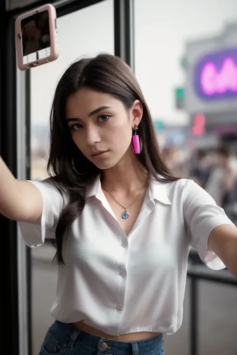 ((Selfie:1.1)), (raw:1.1) photo of (brunette Maj1j3j01-1500:0.99), a woman as a model, modelshoot style, (extremely detailed CG 8k wallpaper unit), photo of the world's most beautiful artwork, majestic professional oil painting by Ed Blinkey, Atey Ghailan, Studio Ghibli, by Jeremy Mann, Greg Manchess, Antonio Moro, trend at ArtStation, trend at CGSociety, Intricate, High detail, sharp focus, dramatic and photorealistic painting art by midjourney and greg rutkowski, (day:1.2), (dimly lit), (neon lights:1.2), (carnival:1.1), (makeup:1.1), ((window in the background)), ((flowery blouse:1.2)), (looking at the viewer:1.3), (detailed students:1.3), (modern clothing:1.2), (club makeup:1.2), (closeup:1.3), (earrings).