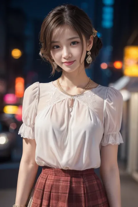 8k, masterpiece, RAW photo, best quality, photorealistic, extremely detailed CG unity 8k wallpaper, Depth of field, Cinematic Light, Lens Flare, Ray tracing, (extremely beautiful face, beautiful lips, beautiful eyes), intricate detail face, ((ultra detailed skin)) 1girl, in the dark, deep shadow, pretty korean girl, kpop idol,(very slim slender fit-muscled body:1.3), ((looking at viewer)),(big smile:1.3), (night, (neon sign), (blurry background), midnight, (without people in the background:1.3), pretty korean girl, white diamond earrings, bracelets, necklace, clear eyes, walking , front shot, (pale skin), face forward, (big eyes), full body shot, ((see through blouse)), (hot pink color blouse)), ((laced skirt)), (looking at viewer:1.3), very slim, medium breasts, Hermes bag, plaid mini skirt, updo hair, short hair