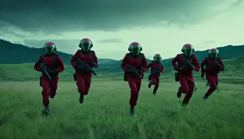 Soldiers in dark red military uniform wearing a futuristic helmet, run through the steppe with some green areas and a little bit of hills and pine trees, dark atmosphere