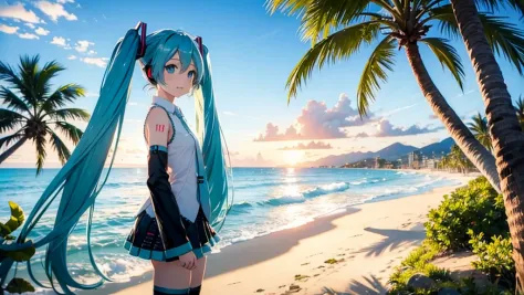 Hatsune Miku。Beach and palm trees。Sunset