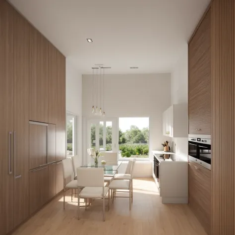 rendering kitchen room, have table diner room, window glass, exit door, ceiling beautiful,