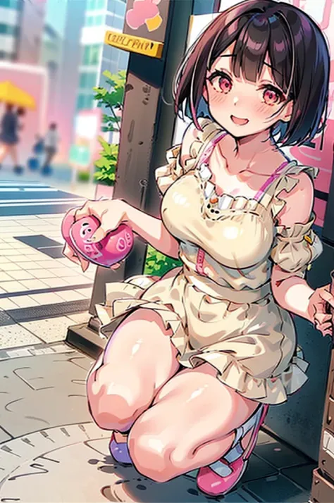 4K,One Girl, MS. end,thin,Very short stature,Very thin thighs,Blunt bangs,Short dress shirt, Half sleeves,Red Suspender Mini Skirt,blush, smile, Bobcut, Black Hair,Vibrant colors, ahegao,A lot of love juice drips down her thighs onto the floor,(remote_play)),remote-vibrating-egg,((Someone else's hand holding a pink round remote control:1.3))、Ecstatic expression,Accurate and detailed female fingers,nsfw,blush,Bitch,masterpiece,12yo,pussy juice
