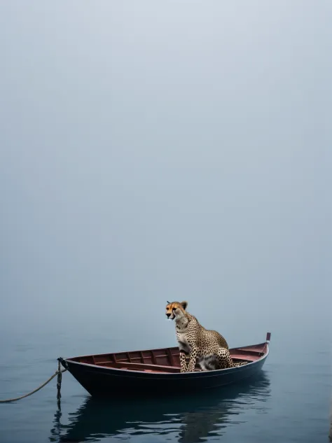 Close shot,Shrouded in a vast ocean covered with thick fog,Cheetah on the boat,费利西亚·西米恩和吉卜力工作室风格的Minimalism摄影来到冒险,Minimalism,art,Cinema Lighting,Negative Space,Dark Arts,Surrealism
