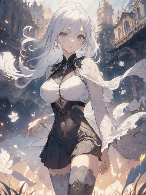 (Landscape photo, with a woman in the bottom right of photo:1.5, in white waterfront:1.5), Masterpiece, best quality, (very detailed CG unity 8k wallpaper), (best quality), High definition RAW color art, Animation,sculptures, (black Marble Skin), (((Ultra detailed elegant))), Magical atmosphere, Detailed skin, Texture,(Intricately detailed, Fine detail, ultra-detail art), depth of fields, Bokeh, Silky Touch, Hyper Detail, beautiful eyes, elegant face, (upper body focus), sparkle background, enormous breast:1.3, (silver hair), pure white, pose, muscle, embarrassing face, rose, ドラマチックな光, looking back, marine