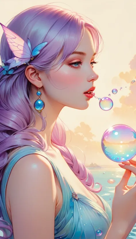 A painting of a woman in a dress blowing bubbles, Roysh and Wow, Mysterious Bubbles, Moebius + Roysh + Wow, Dreamy details, intricate Wow, A close-up fantasy using the magic of water, fairy tale artwork, Fairy tale painting, Anna Dittmann style, Wow art, Realistic fantasy painting, Artgerm Julie Bell Beeple