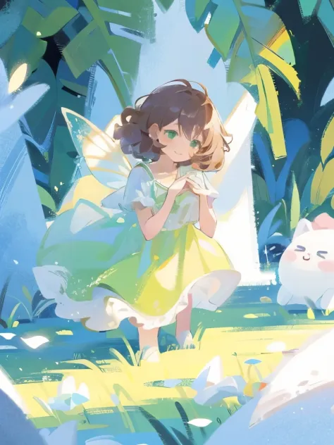 (best quality,4k,8k, high res,masterpiece:1.2), ((masterpiece)), (((best quality))),
((masterpiece)), (((best quality))), Illustration, 1 girl, hair color, hairstyle fax, eyes, plants themed character, flowy puffy hair, green eyes, forest themed character, fairy, adorable, hairstyle fax, deity, brown hair, short hair, bangs, magical, female, green dress, plants and forests theme, (ethereal being), ethereal pose, charturnbetalora, clothes are a mix of white or green, smile
(ethereal being), soft smile, (({comforting aura})), 2d painting, ({ethereal painting})