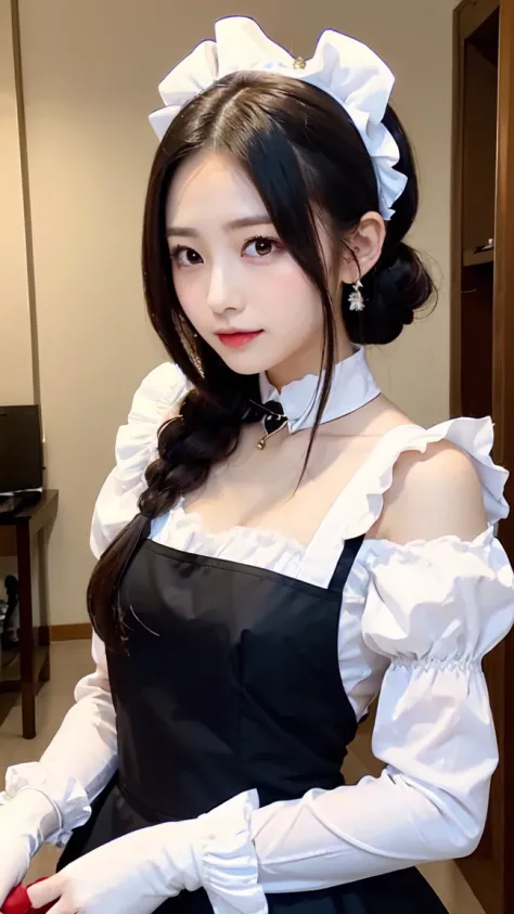 One Girl, apron, Black dress, blush, Braiding, dress, Eyebrows visible through hair, Frills, gloves, Hair between the eyes, jewelry, Juliet Sleeve, Long sleeve, Maid, Maid apron, maid's headdress, Puffy sleeves, short hair, Sitting, White apron, window, Huge 、Nogizaka Idol、Korean Idol、Burning idol pose、actress、Age 25、expensive、Cafe、restaurant, Official Art,Highly detailed CG Unity 8K wallpaper, (masterpiece:1.0),(highest quality:1.0), photo shoot, 8K, Browsing Caution, High resolution, Kodak Portrait 400, Film Grain, Lens flare brilliance,Show Viewer