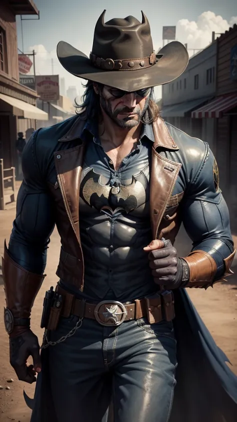 Batman in Wild West style, wearing Cowboys lather clothes, Cowboys hat and bring a pistol, in cowboy city, cinematic, extreem realistic, extreem detailed, extreem Sharp, super high resolution image, best quality photo,