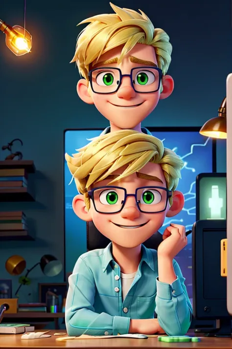 A blond man, young and enthusiastic, wearing glasses and a casual shirt, doing magic on a computer Tiny sparks of blue and green light are coming out of the man's fingers,
