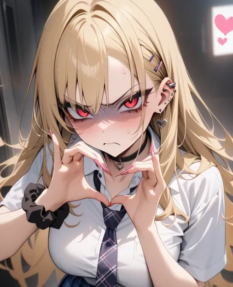 masterpiece, best quality, very aesthetic, absurdres, newest,1girl,upper body, (contempt, disgust,shaded face,looking at viewer,frown),heart-shaped gesture,
Marin Kitagawa, long hair, blonde hair, red eyes, piercing, earrings, ear piercing, stud earrings, black choker, loose necktie, , white collared shirt, blue skirt, pleated skirt, plaid skirt, wrist scrunchie, long fingernails, pink nails, nail art,