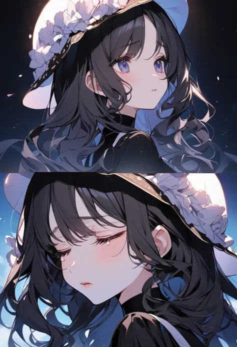 BREAK Perfect Anatomy、Highest quality、(cute:1.1)、(cute)、(High resolution:1.2)、Unbelievably absurd:1.3、Incredible illustrations、(cuteイラスト:1.2)、(Beautiful background、blue sky)、1gial(Black Hair、strong wavy hair、lipstick、Tears)(Black veiled hat、Black dress mourning)(Close your eyes and look down)(expressionless)(Profile、closeup-face)