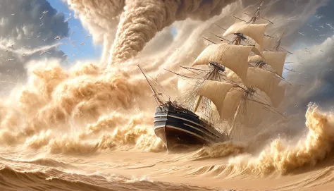 masterpiece, best quality, extremely detailed, hyperrealistic, photorealistic, sea, sand storm, sand tornado, strong wind, ship
