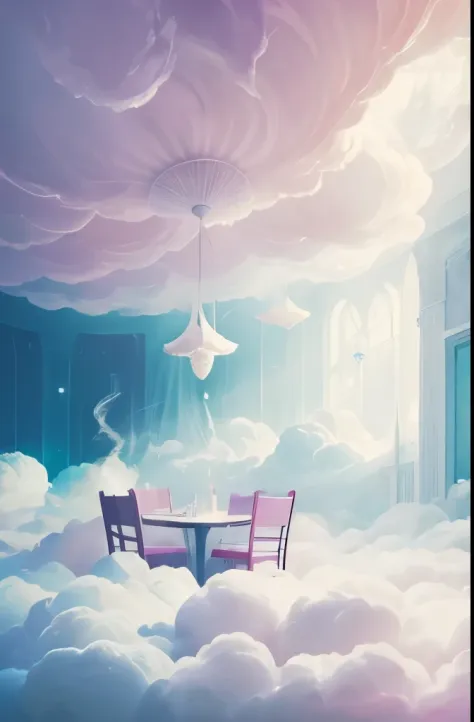 there is a cloud filled room with tables and chairs, an album cover by Romain brook, trending on pexels, surrealism, ethereal and dreamy theme, dreamy atmosphere and drama, very magical and dreamy, cafe in the clouds, smoke filled room, dreamy ethereal vibe, in the white clouds fairyland, cotton candy clouds, sitting in a fluffy cloud, heaven pink