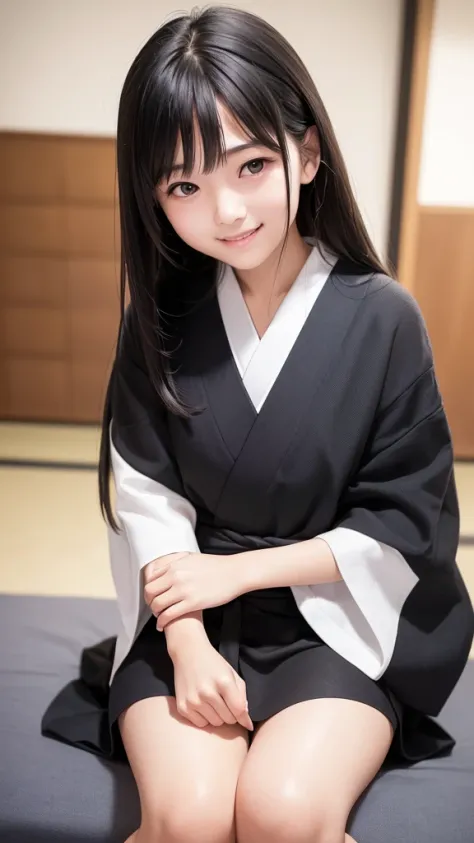 Best image quality, Focus, Soft light, Black hair, (Japanese)), (((Front, 15years old))), (Depth of field), Ultra high resolution, (Real: 1.4), RAW photo, ((( 裸エプロン))), smiling face
