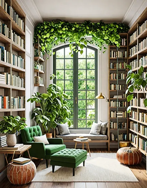 A cozy reading nook adorned with lush green plants. The nook features a comfortable armchair, a small side table stacked with books, and a large bookshelf filled with a variety of literature. Vines hang from the ceiling, and potted plants are arranged on the shelves and floor, creating a serene and inviting atmosphere for book lovers