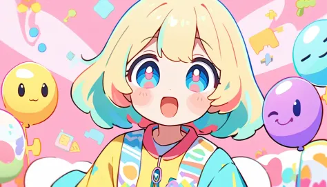 Spirited Art,pop、bright、pastel, 1 female, ライトblueの髪, short hair、Happy,cute, Animation Style, cute, clearly, bubblegum pop, cute、ピンクとライトblueをメインカラーに、I'Cheer loudly、 Wearing headphones、tropical, summer、 Blue as the base color、blue、Cool atmosphere、Refreshing、summerっぽい