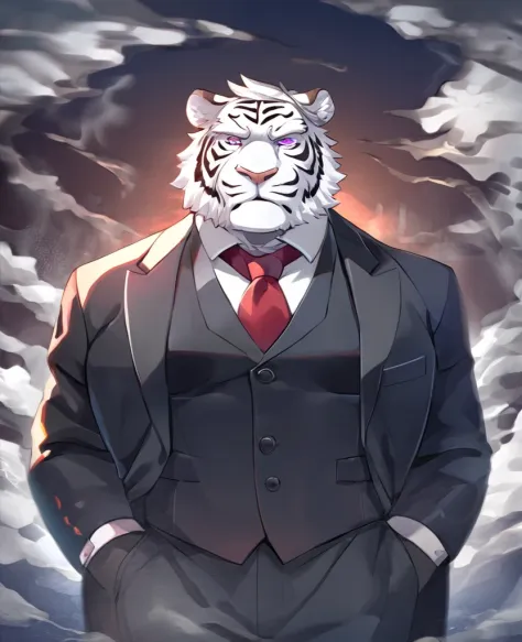 White Tiger,personification,Mature male,Strong Man,White hair,short hair,black strips,Cold expression,Purple pupils,White eyebrows,Black suit suit,Red tie,Hands in pockets,The Age of Steam。