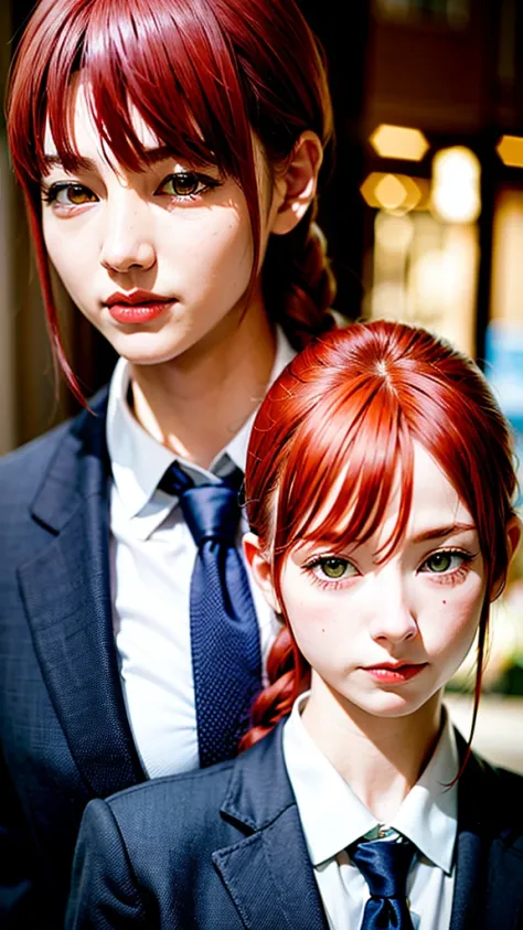 hand \(Chainsaw Man\), (K-Pop Idols), (masterpiece), (Highest quality:1.0), (Ultra-high resolution:1.0), (Realistic:1.4), One girl, ((Puffy eyes)), (Redhead:1.5)+(Long braided hair)+(bangs), (Golden Eyes), Are standing, Highly detailed face, Very fine grain, Medium chest, (school uniform), Focus Only, ((Upper Body)), View your viewers, Beautiful skin in every detail, Perfect lighting, night, (street), (Urzan-6500:0.7)